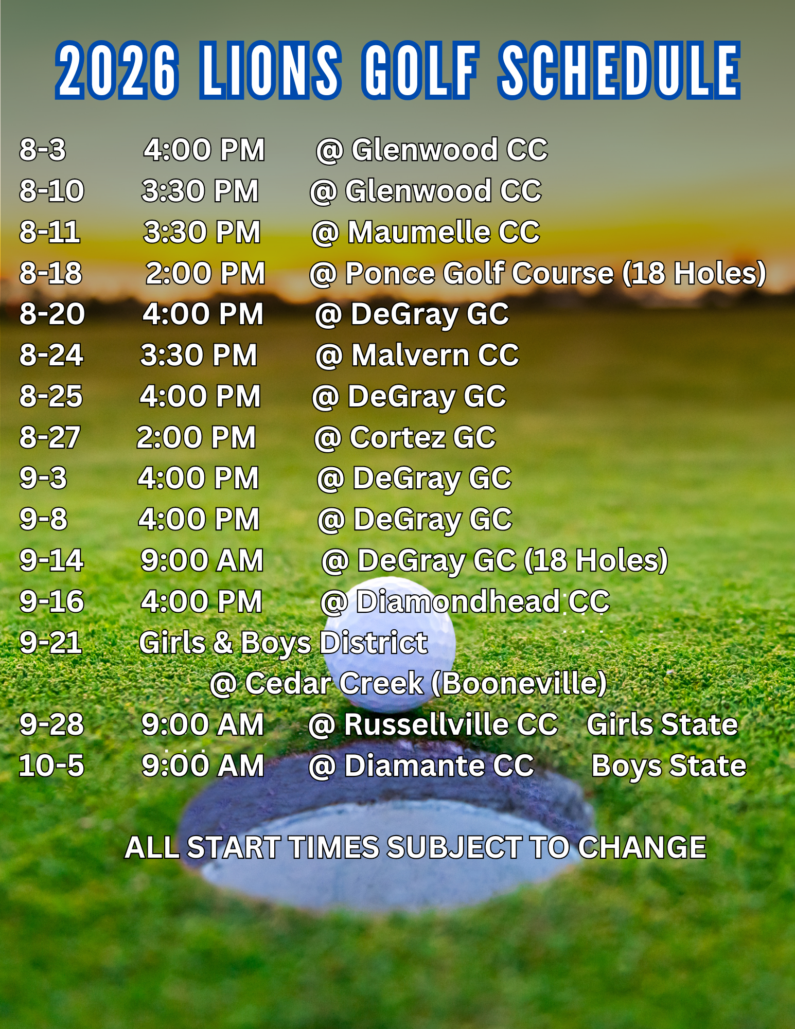 2026 BHS Golf Schedule